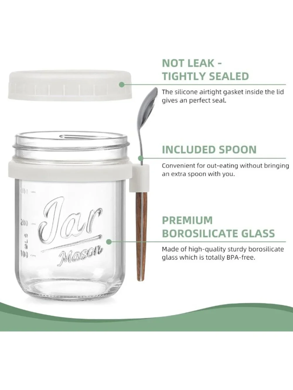4 Pack Glass Mason Jars with Lids & Spoons - Airtight Overnight Oats Containers